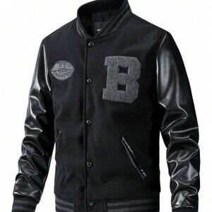 Men Letter Patched Striped Trim PU Leather Sleeve Rave Jacket